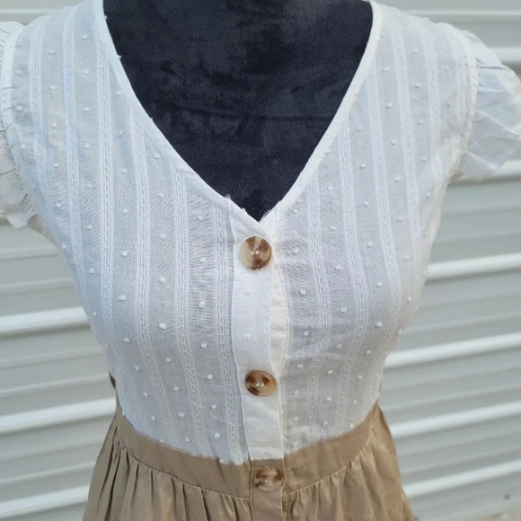 Mine Flutter Sleeve Button Down White Tan A-Lind Mini Dress Cap Sleeve Sz Large - Picture 10 of 10